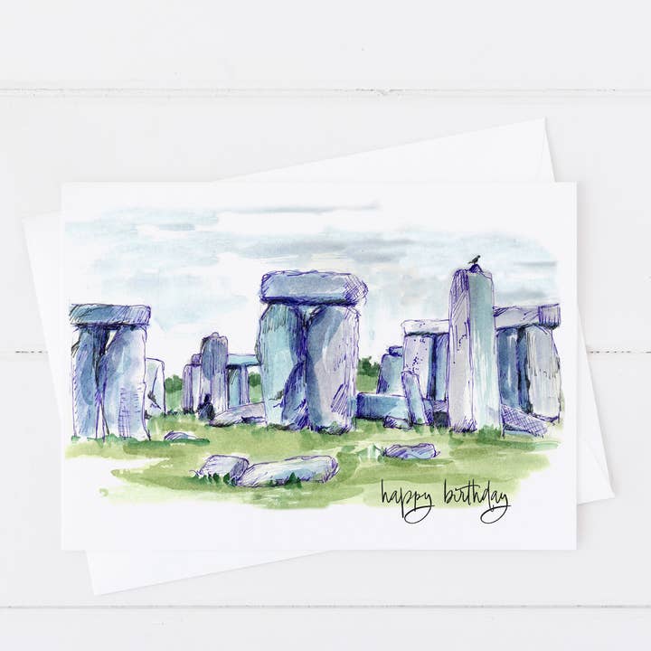 Carte de vœux Stonehenge Joyeux Anniversaire Angleterre Merle pour la vente par Rugosa & Pine