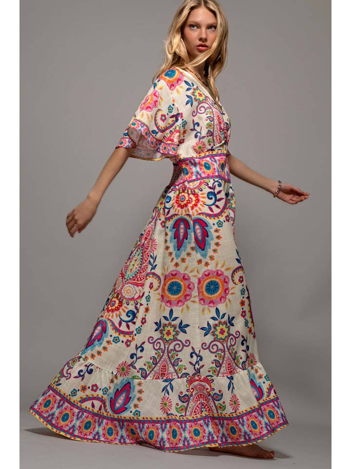 IVORY Oversized Paisley Flutter Sleeve Smocked Dress for wholesale on Faire
