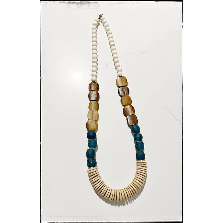 GentrybyJenna - Wholesale Beaded/Pearl Necklace - Teal Recycled Glass & Tan African Bone Bead Long Necklace