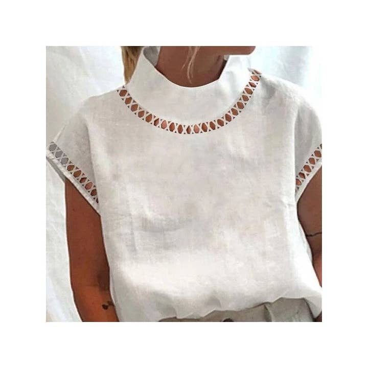 FurDecoration - Wholesale Blouse – Women’s - Solid Color Hollow-Out Casual High-Neck Breathable Shirt1