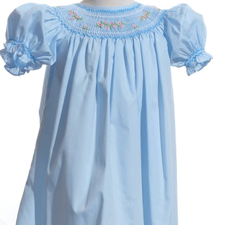 Blue Geo Smocked With Flowers Short Sleeve Bishop Dress for wholesale by Hello Bebes!
