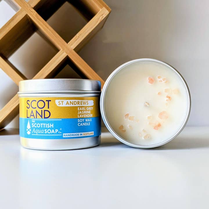 Soy Wax Candle (Tin)/ St Andrews/ 100ml for wholesale by The Scottish Aqua Shop Co.