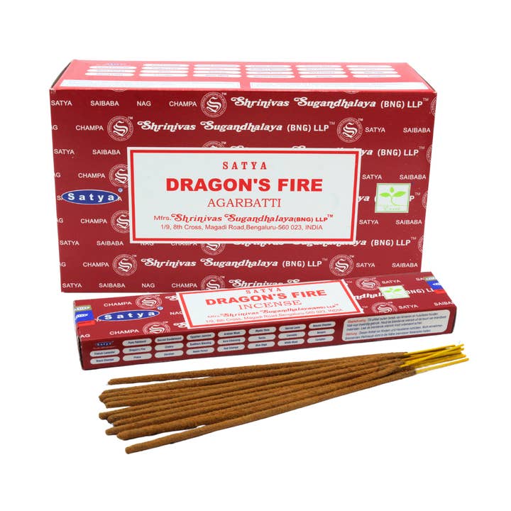 Satya Dragons Fire Røgelse 15 gram for engroshandel hos Eastern Trading