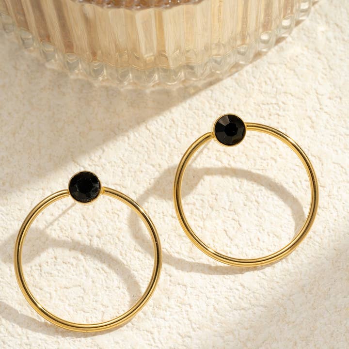 COSMOS - Wholesale Dangle Earrings - Gold hoop earrings with black stone in stainless steel1
