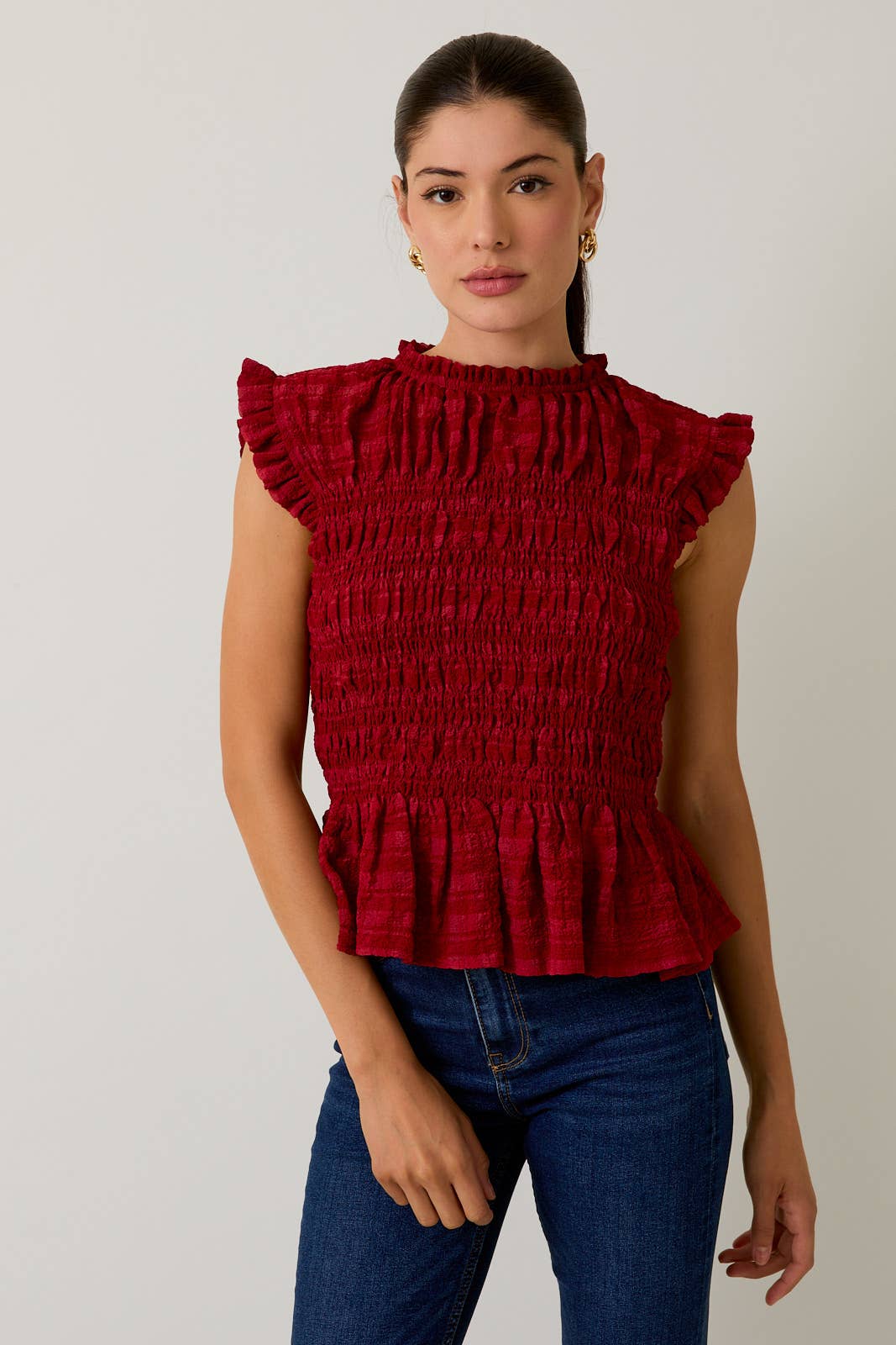 Sunday Edition - Wholesale Blouse - Women's - SLEEVELESS RUFFLE NECK SMOCKED TOP2