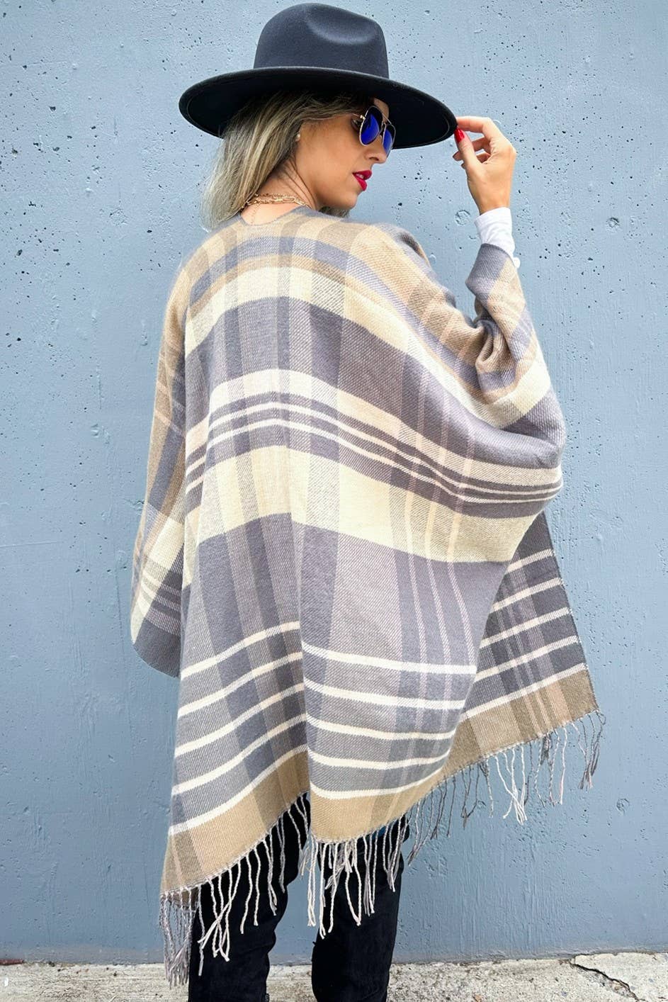 Grey Multi-Check Printed Ruana Cardigan With Tassel  for wholesale on Faire7