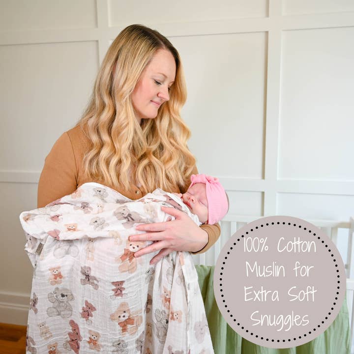 LollyBanks - Wholesale Swaddle - Baby - Bear Hugs Baby Muslin Swaddle Blanket3