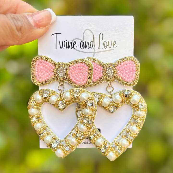 Pink Bow Heart Jeweled Earrings for wholesale by Twine and Love