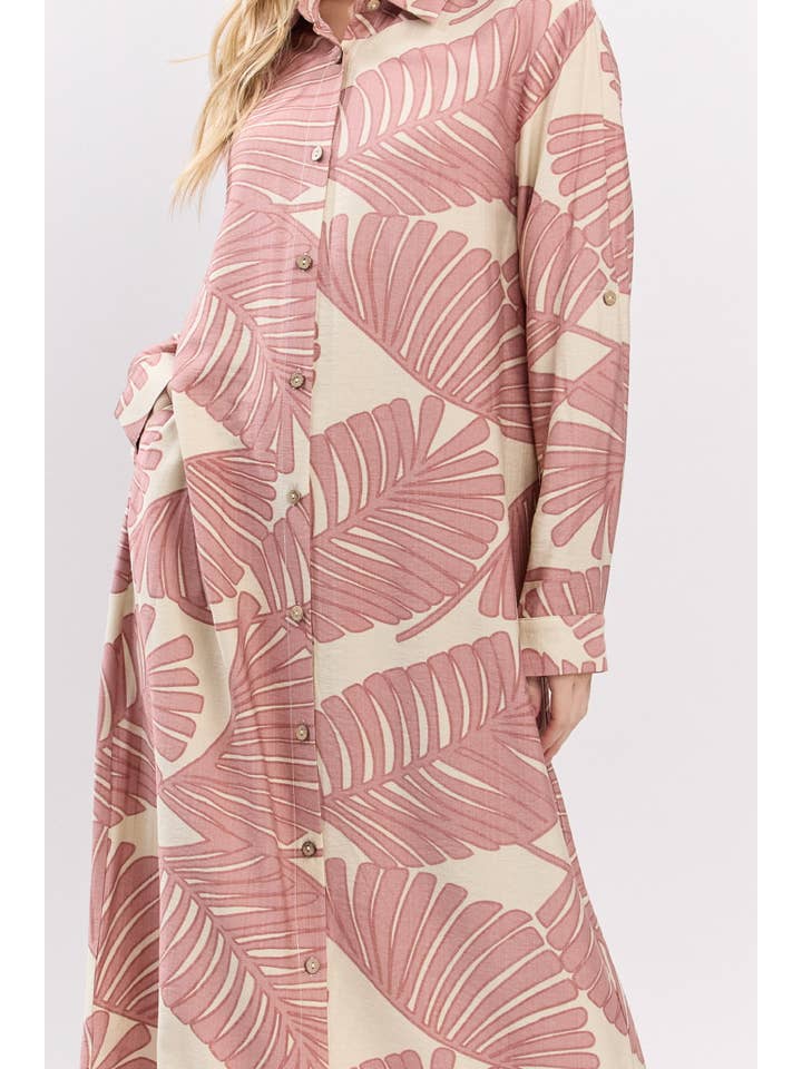 B I G H I T Fashion - Wholesale Dress - Women's - Palm Print Button-Down Maxi Dress HD3104-BLUSH10