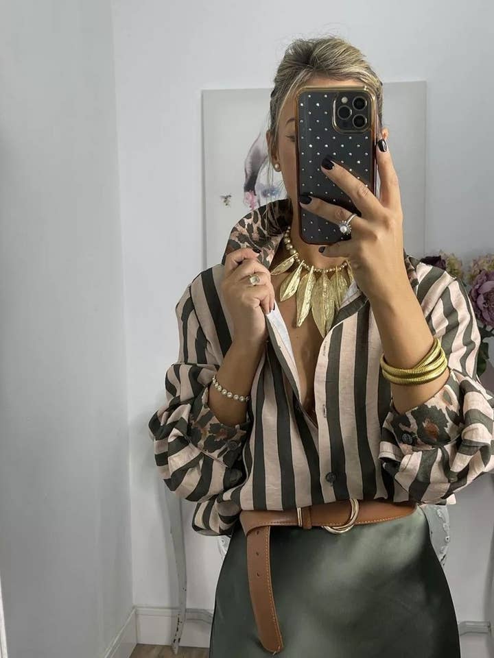 COFFEE CWTSTL894_STRIPED AND LEOPARD PRINT LOOSE CASUAL SHIRT for wholesale on Faire3