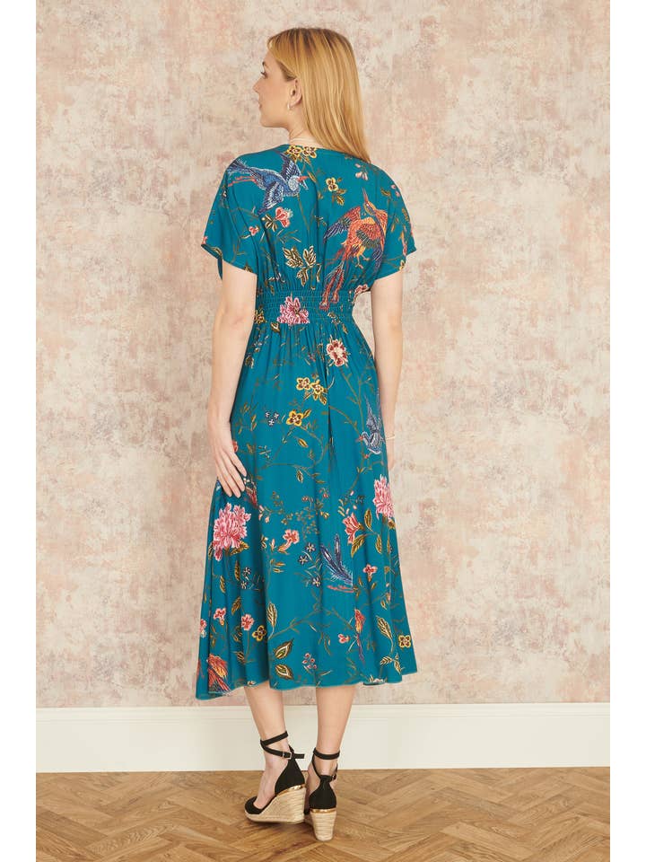 Yumi Teal Bird and Floral Print Ruched Waist Kimono Midi Dress for wholesale on Faire
