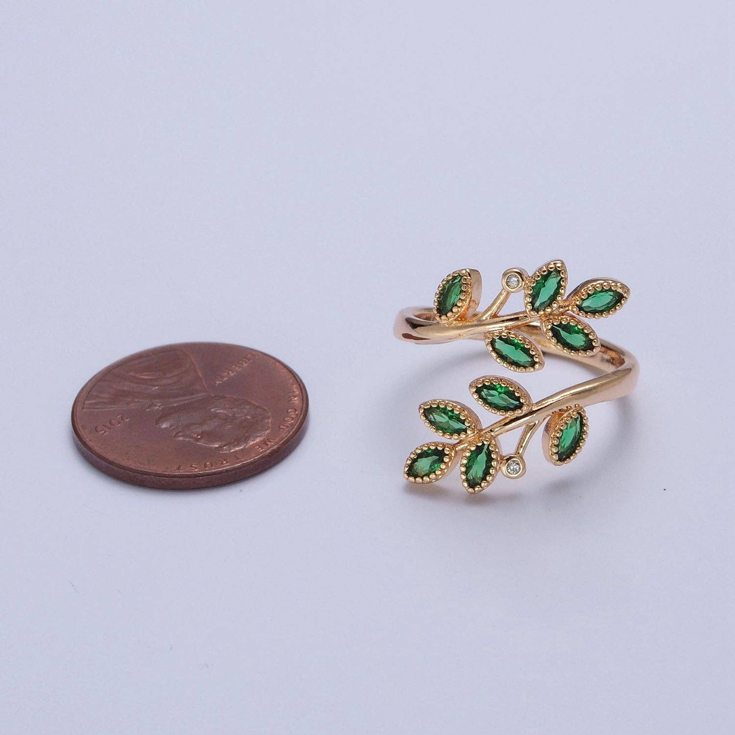 Aim Eternal - Wholesale Cocktail/Statement Ring - Gold Olive Leaf Ring Green Pave Olive Leaf Ring Adjustable Ring O-22103