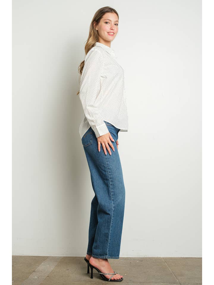 KIWI - Wholesale Buttoned-down shirt – Women's - IT3148 Embellished Rhinestone Button Down Cotton Shirt11