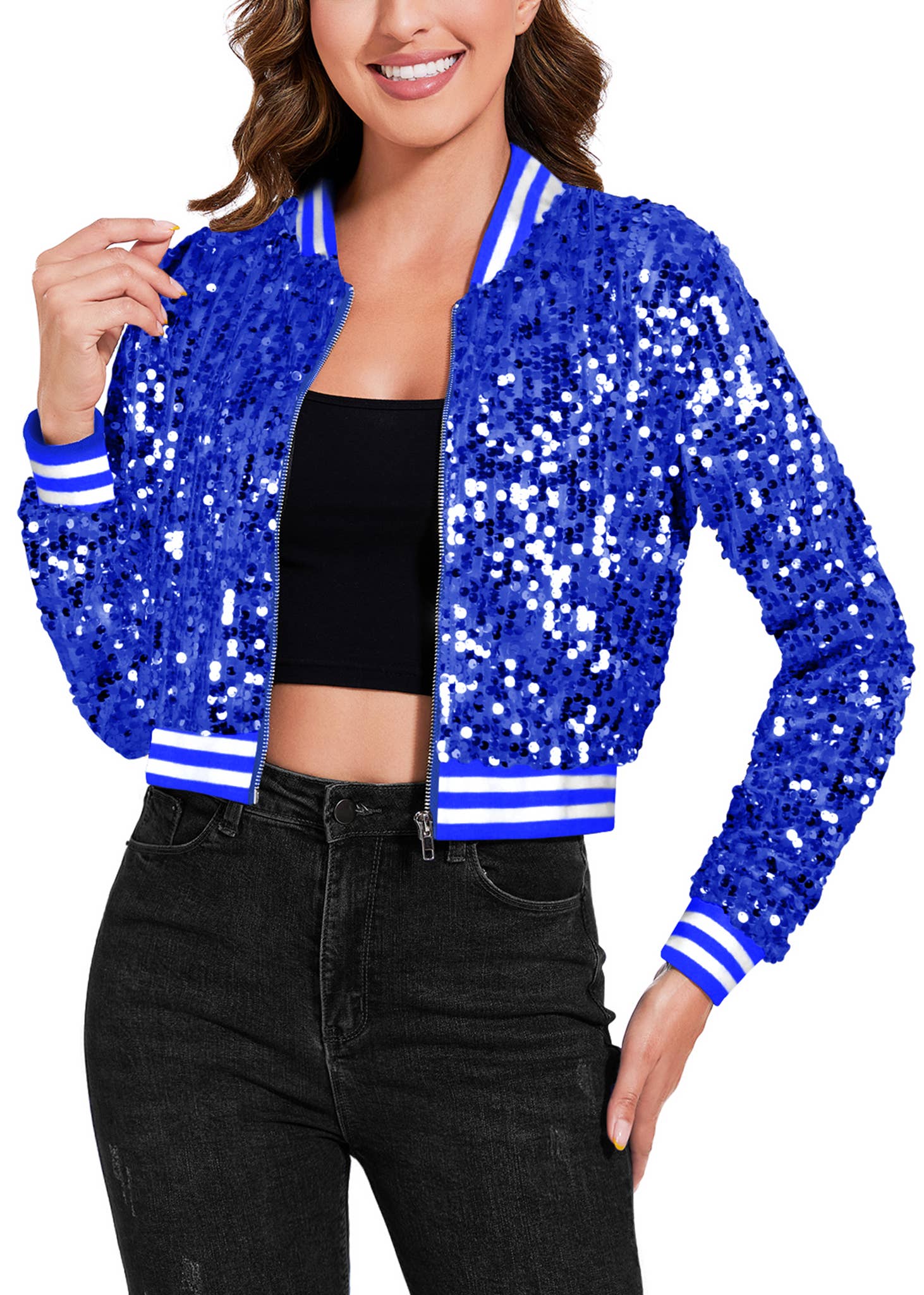 Anna Kaci Wholesale – wholesale Bomber jacket – Women’s – Sequin Bomber Jacket with Striped Ribbed Trim and Zip Front26