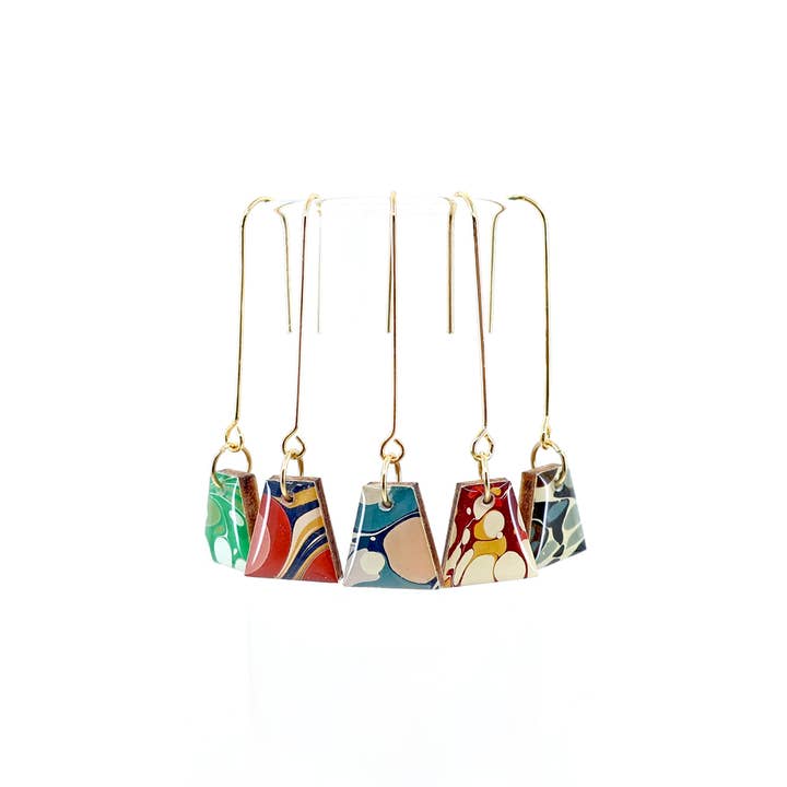 Marbled paper long earrings with 18K gold plated hook for wholesale by autumn + tree
