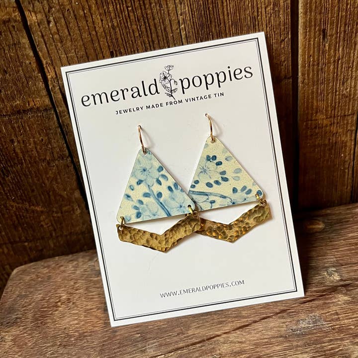 Santorini Chevron Handcrafted Vintage Tin Dangle Earrings for wholesale by Emerald Poppies