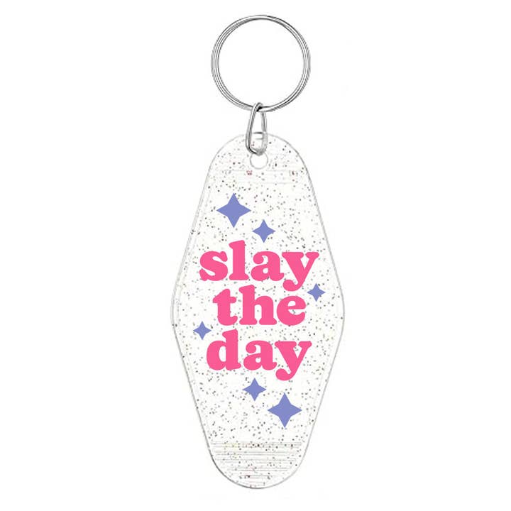 Slay The Day Glitter Motel Keychain for wholesale by DaisyChainDesignCo