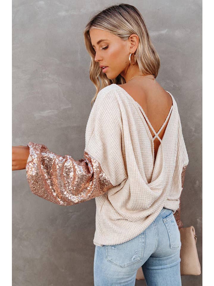 MULTI Sequin Patchwork Sleeve Open Back Waffle Knit Top for wholesale on Faire