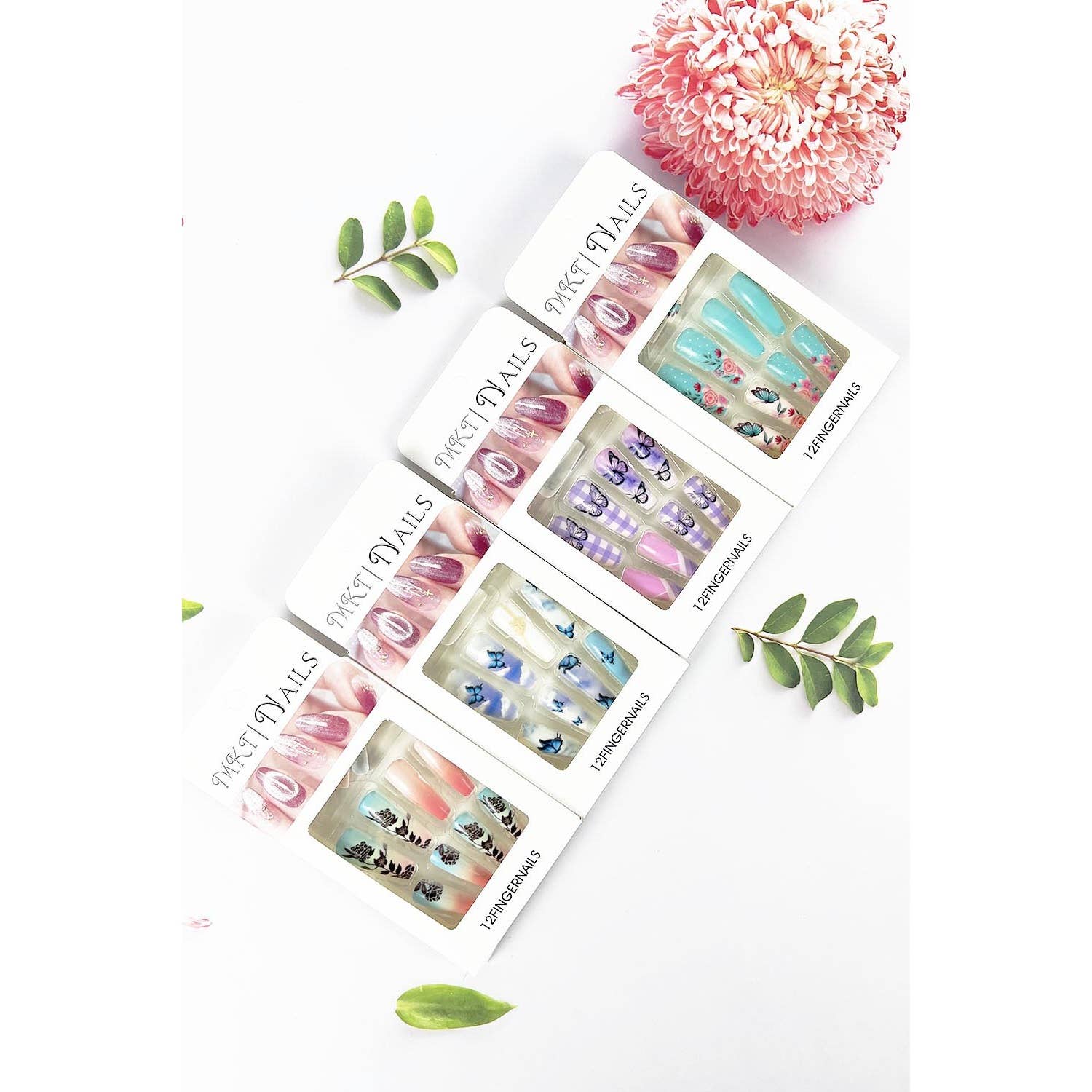 ASSORTED LONG COFFIN SHAPED PRE GLUED NAIL OF BUTTERFLY FLOWER PRINT for wholesale on Faire1