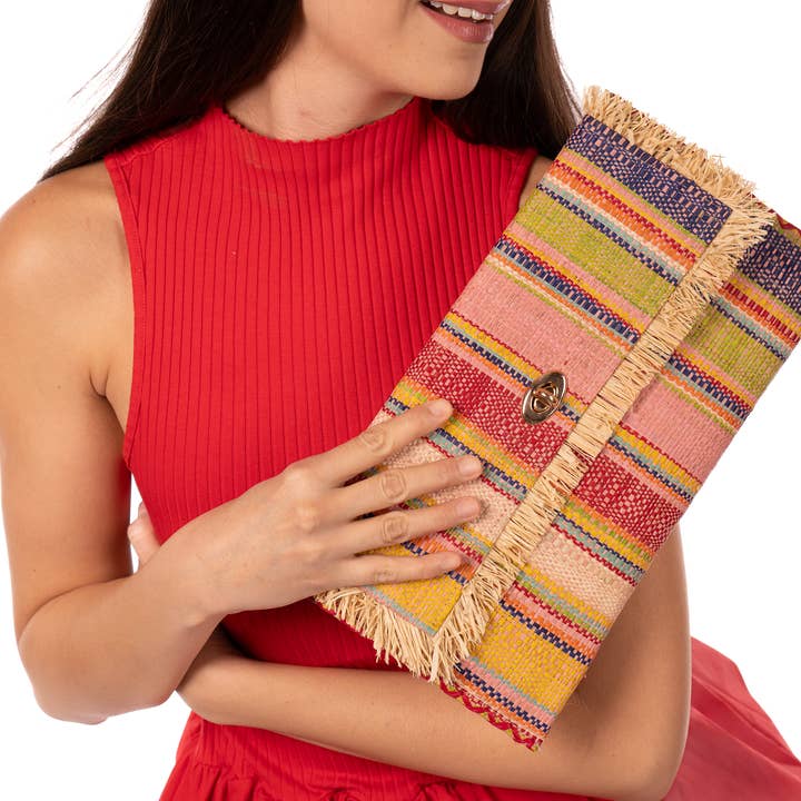 Shebobo - Wholesale Clutch Bag - Women's - Sophie Straw Envelope Clutch Purse with Raw Fringe Trim Edge