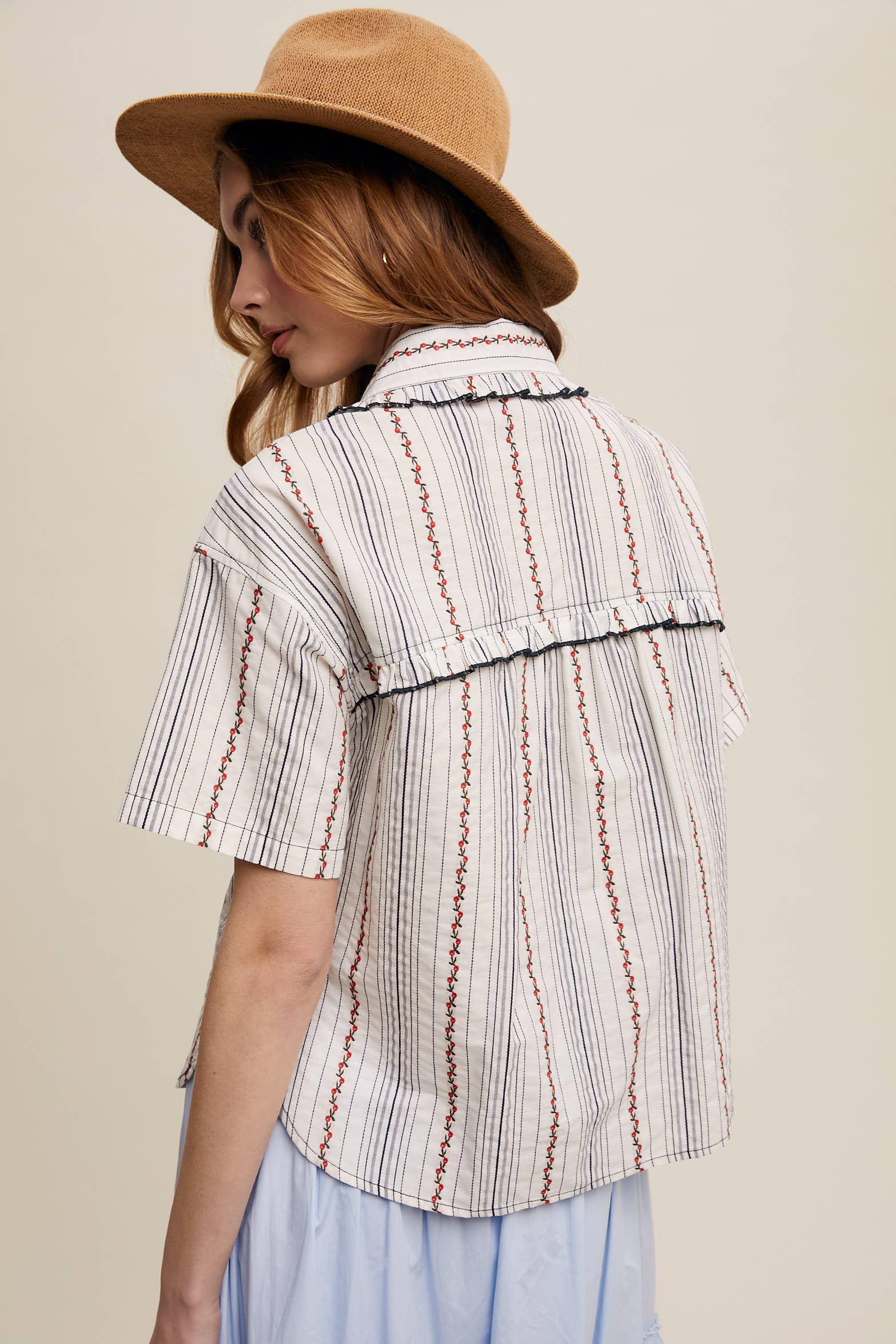 Listicle - Wholesale Button Down Shirt - Women's - Striped Embroidered Button-Down Blouse20
