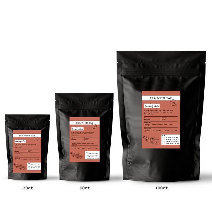 Rooibos Chai Herbal Tea Pouch (20, 60, or 100 tea bags) for wholesale by Tea with Tae