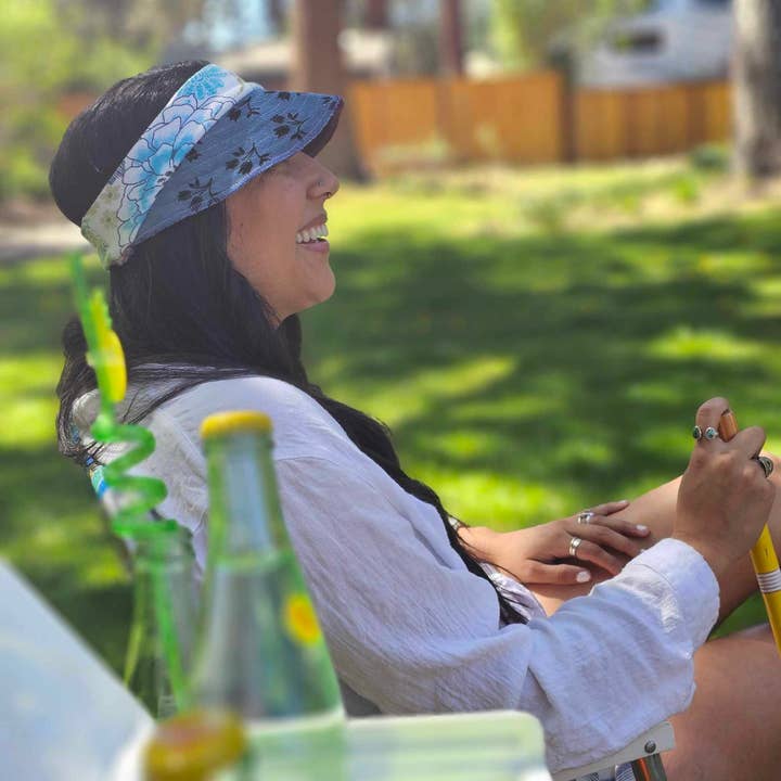 Jax Upcycled - Wholesale Visor - Women's - Upcycled Periwinkle plant pattern cream cotton blend Visor 1