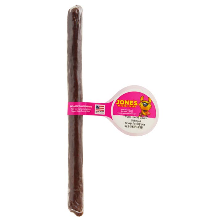 Pork Blend Links 7-8" 1 Pack Shrink Wrap with Barbell for wholesale by Jones Natural Chews