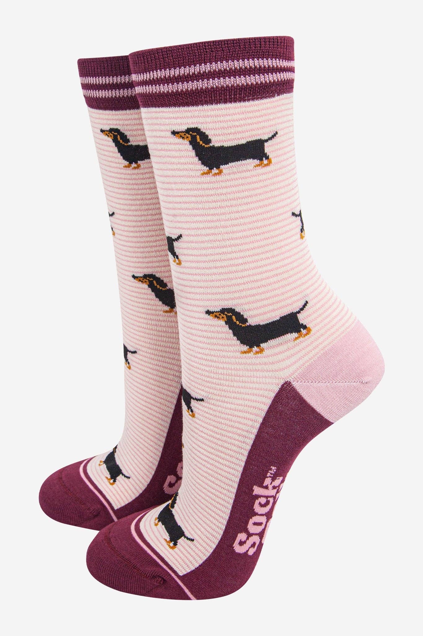 Sock Talk - Wholesale Socks - Women's - Women's Bamboo Socks - Cream/Berry, Sausage Dog Stripes0