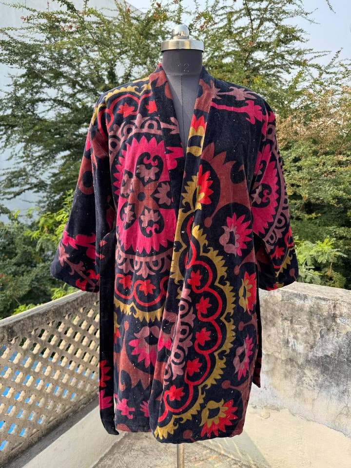 Boho Chic Layer Printed Velvet Kimono Woman Night Wear Gown for wholesale by bhavnas boutique