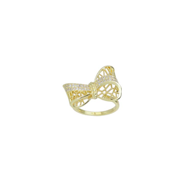 Guldklar CZ Filigran Bowknot Statement Justerbar Ring, Sku #LX529 för wholesale av BestBeads&Beyond