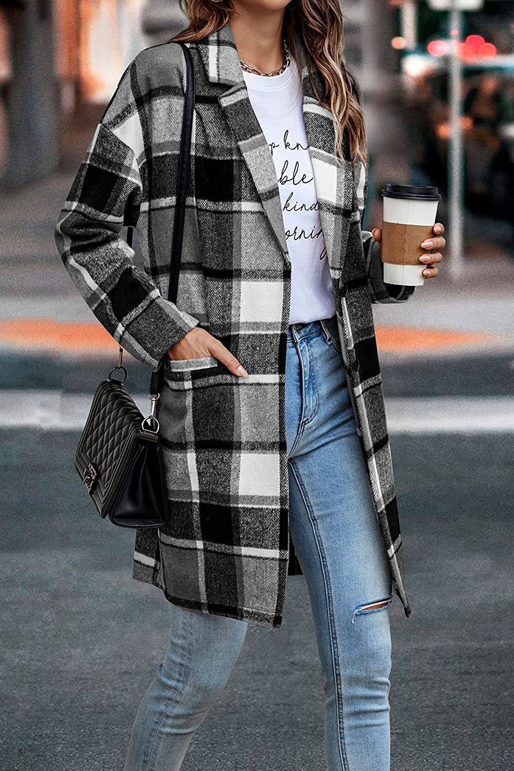 Rosa Clothing - Wholesale Shirt Jacket/Shacket - Women's - Long single-breasted lapel plaid tweed shacket3