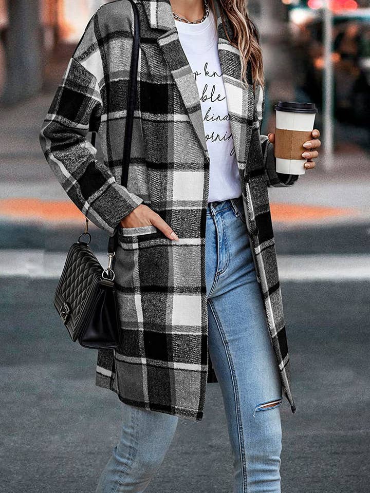 Rosa Clothing - Wholesale Shirt Jacket/Shacket - Women's - Long single-breasted lapel plaid tweed shacket3