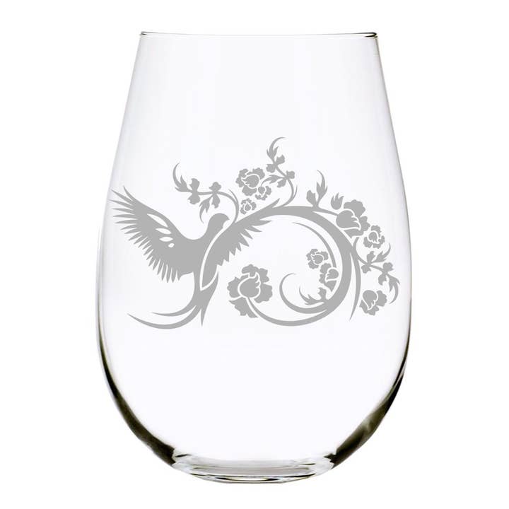 Fleurs avec oiseau, verre à vin sans pied, 17 oz, cristal sans plomb pour la vente par C&M Personal Gifts