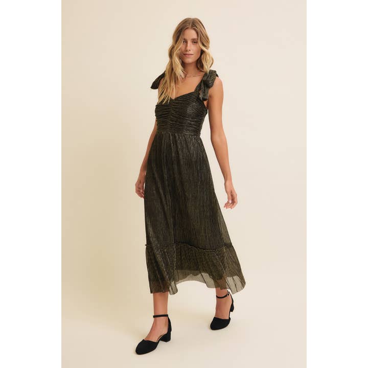 in february - Wholesale Dress - Women's - METALLIC MESH SHOULDER TIE PLEATED MIDI DRESS