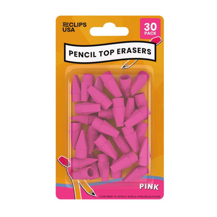 Pink Pencil Top Erasers – Cap Style, 30-Pack – 48 Units for wholesale by Eclips USA