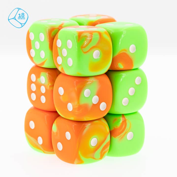 Conjunto de 6 dados W6 de 18mm em laranja néon de 2 tons - verde / branco (12 peças) por atacado de WeLoveDice