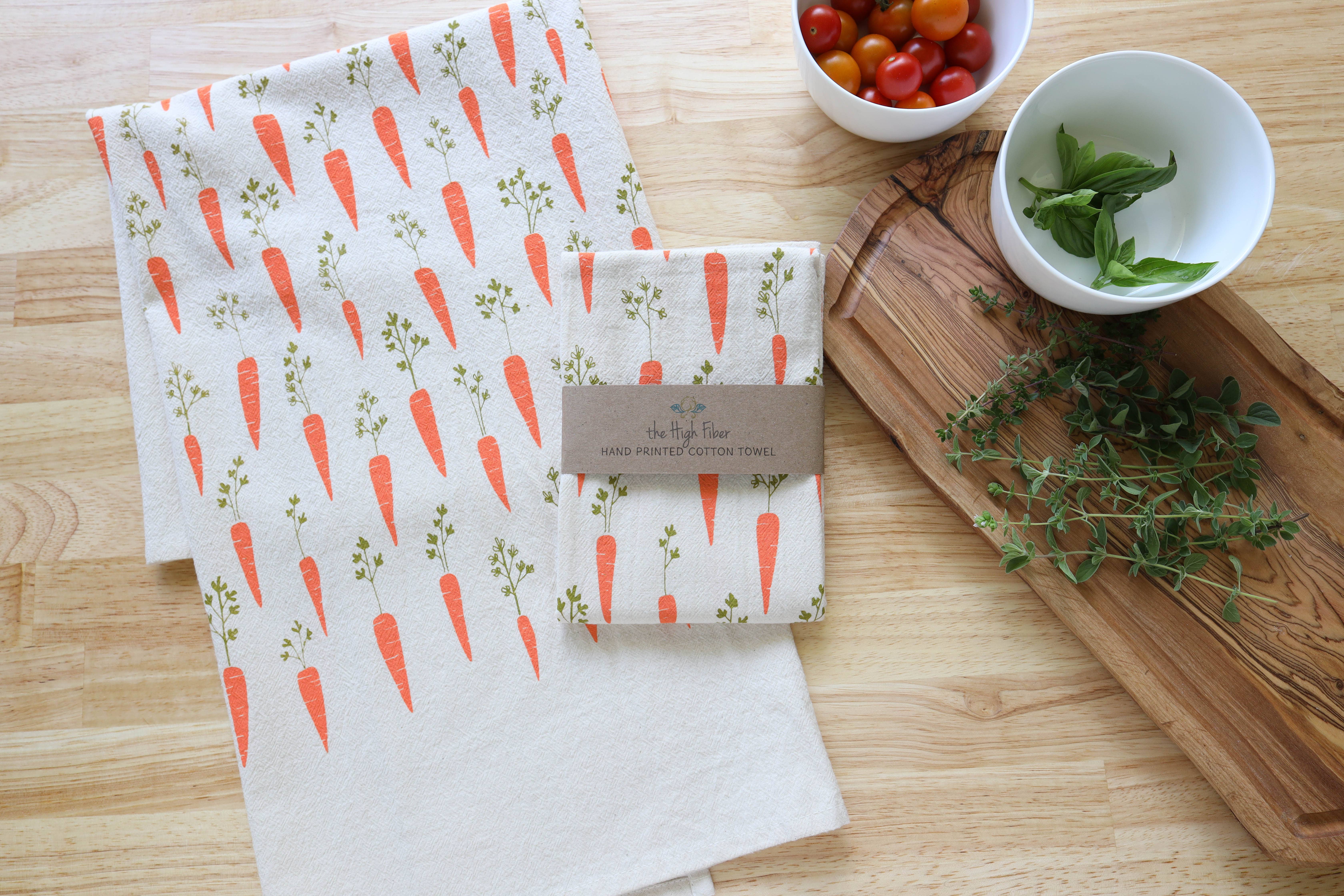 The High Fiber - Wholesale Tea Towel - Handprinted Carrot Kitchen Towel, Garden Tea Towel