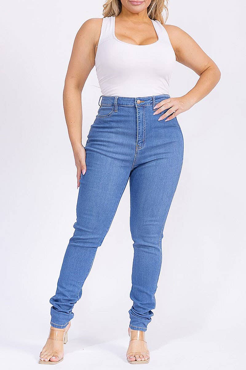 ZIPPER BUTTON CLOSURE POCKETS SKINNY DENIM JEANS for wholesale on Faire4