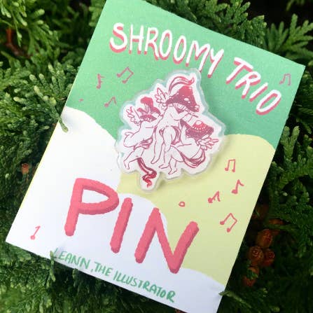 Musical Mushrooms- Shroomy Trio Red and Cream Acrylic Pin for wholesale by Leann, the Illustrator