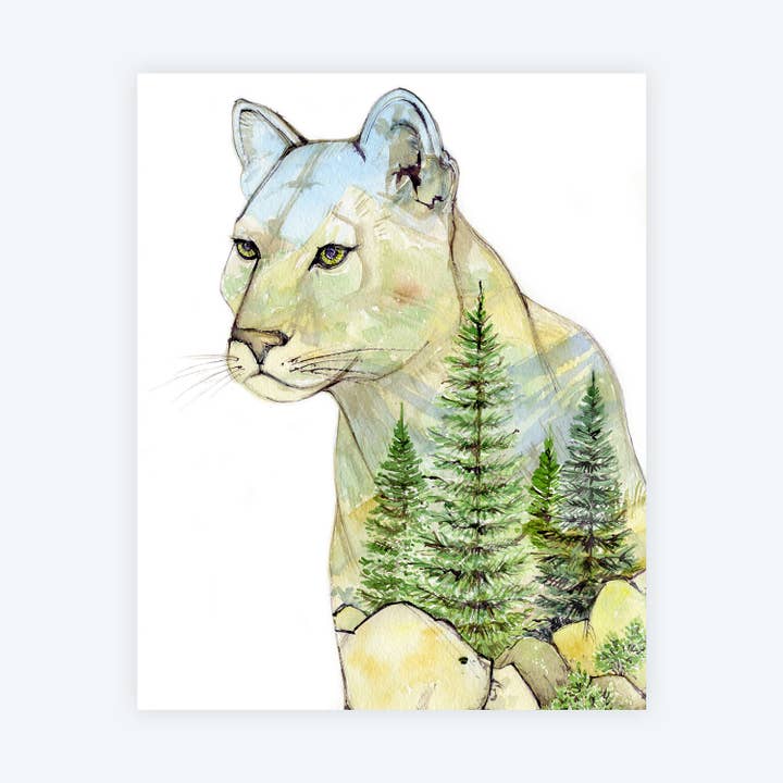 Elena Markelova Arts - Wholesale Art Print - Big Mountain Cat - Cougar Watercolor Art Print