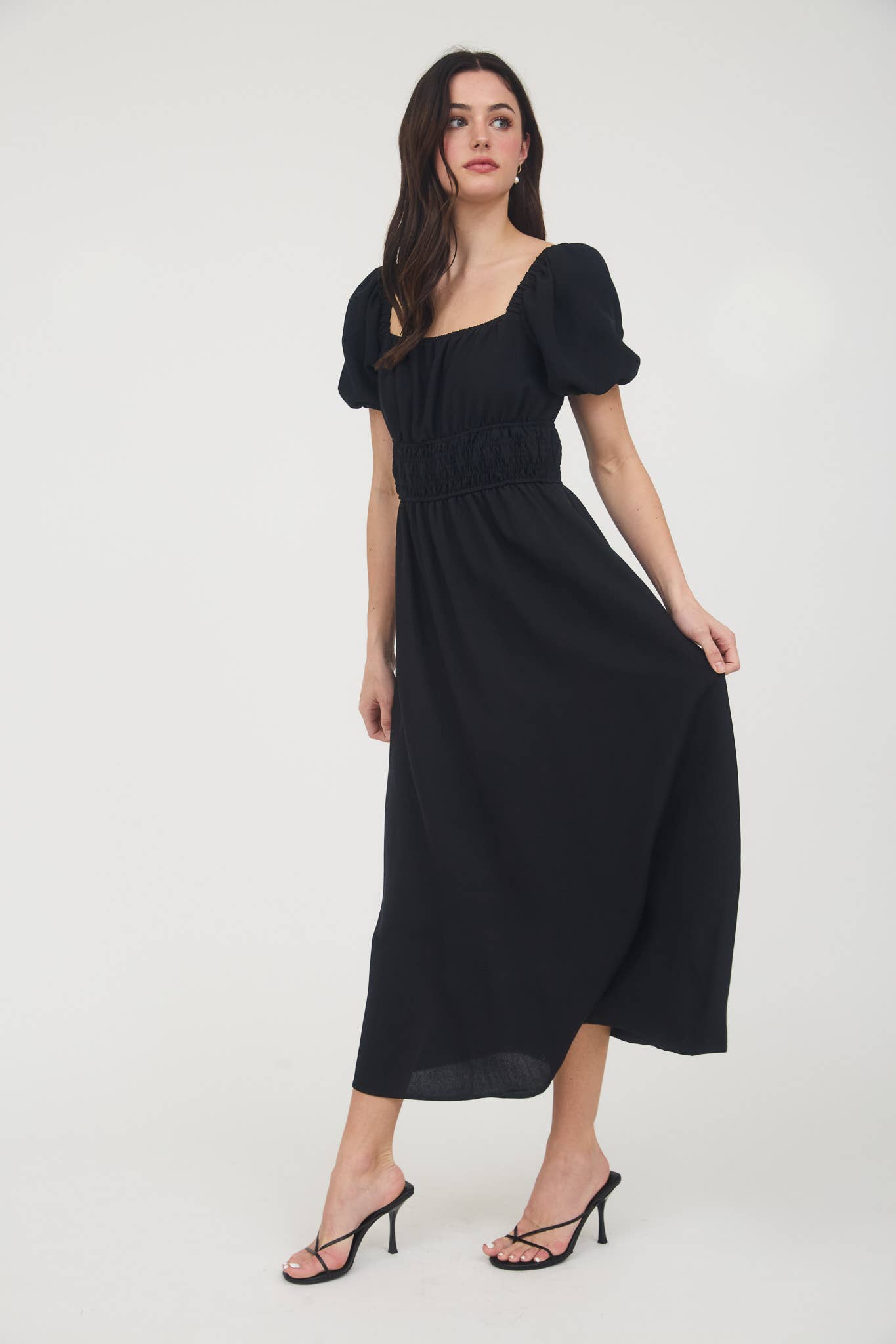 MINE – wholesale Dress – Women's – SOLID SMOCKED WAIST BALLOON SLEEVE MIDI DRESS12