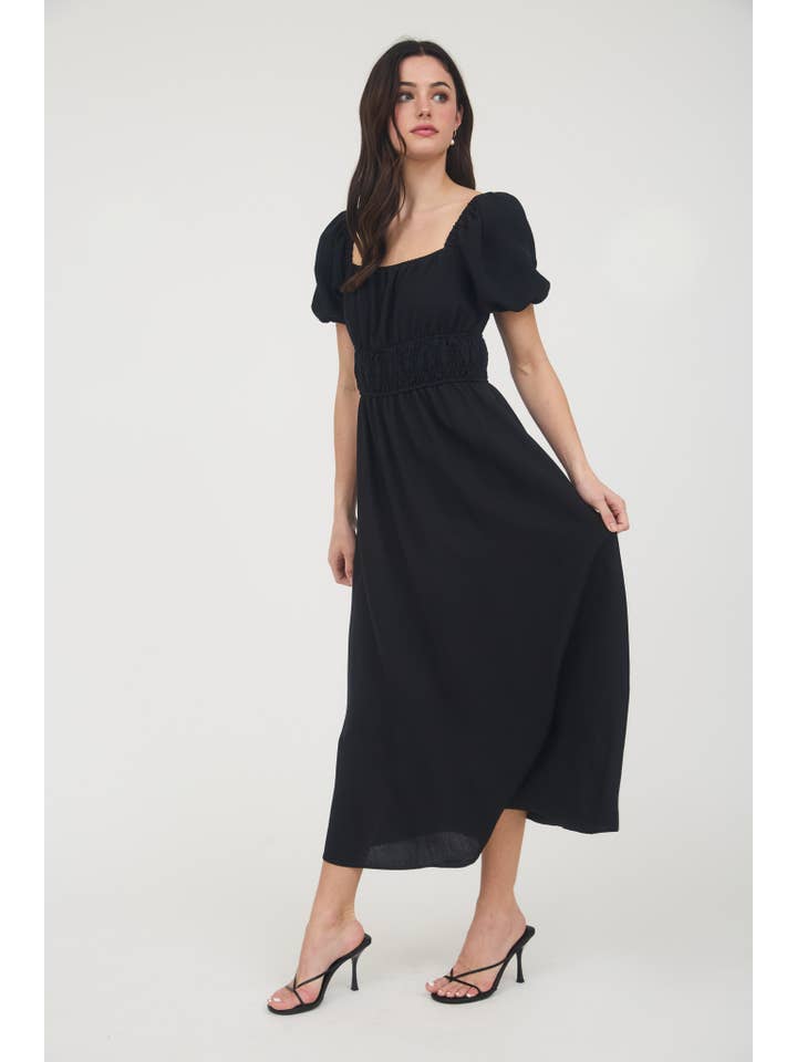 MINE – wholesale Dress – Women's – SOLID SMOCKED WAIST BALLOON SLEEVE MIDI DRESS12