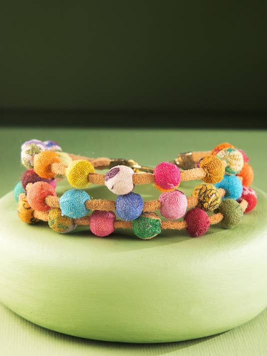 Handmade Cotton Bead Bracelet with Leather Accents for wholesale by Urbanista