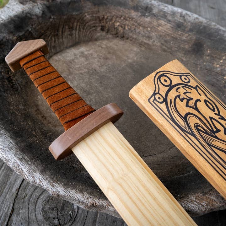 Backwoods Provisions - Wholesale Classic Toy - Kids - Large Wood Replica Viking Sword ith Norse Motif, Wooden Sheath with Leather Wrapped Handle8