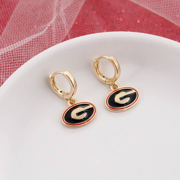 Georgia Huggie Hoop Earrings w/ Enamel Logo for wholesale by Seasons Jewelry