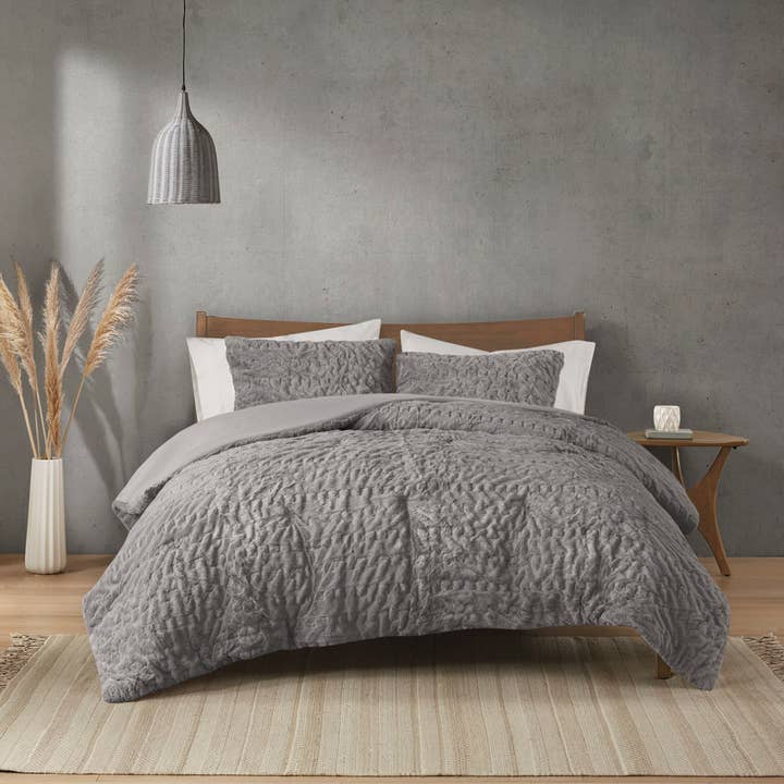 Olliix - Wholesale Bedding Set - Ruched Faux Fur All-Season Comforter Set, Grey