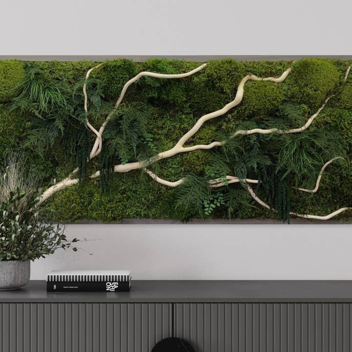 Handmade 40” x 18” White Branch Moss & Ferns Plant Painting for wholesale by Artisan Moss
