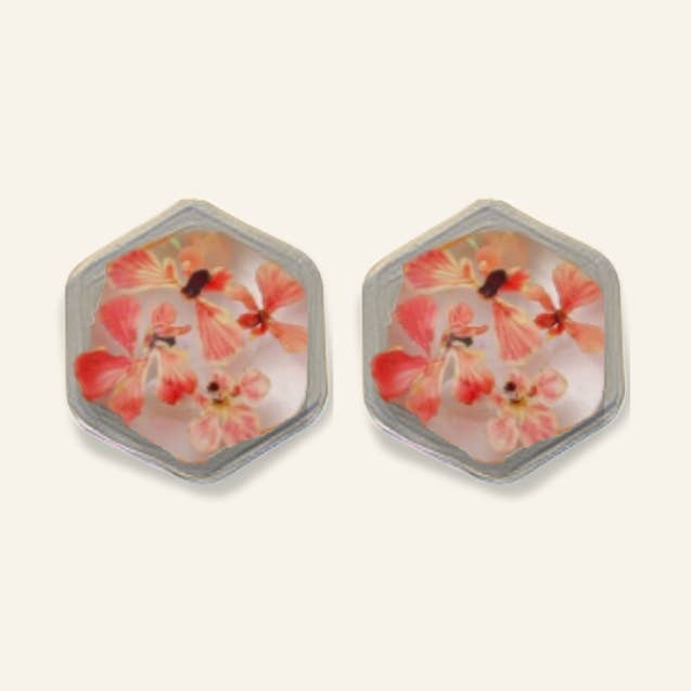 Teeny Weeny Hexagon Pink Küpe | Rhodium for wholesale by fioreldesign