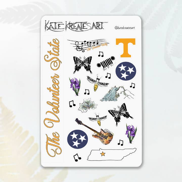 Tennessee State Sticker Sheet, State Symbols Hand Drawn for wholesale by Katekreates